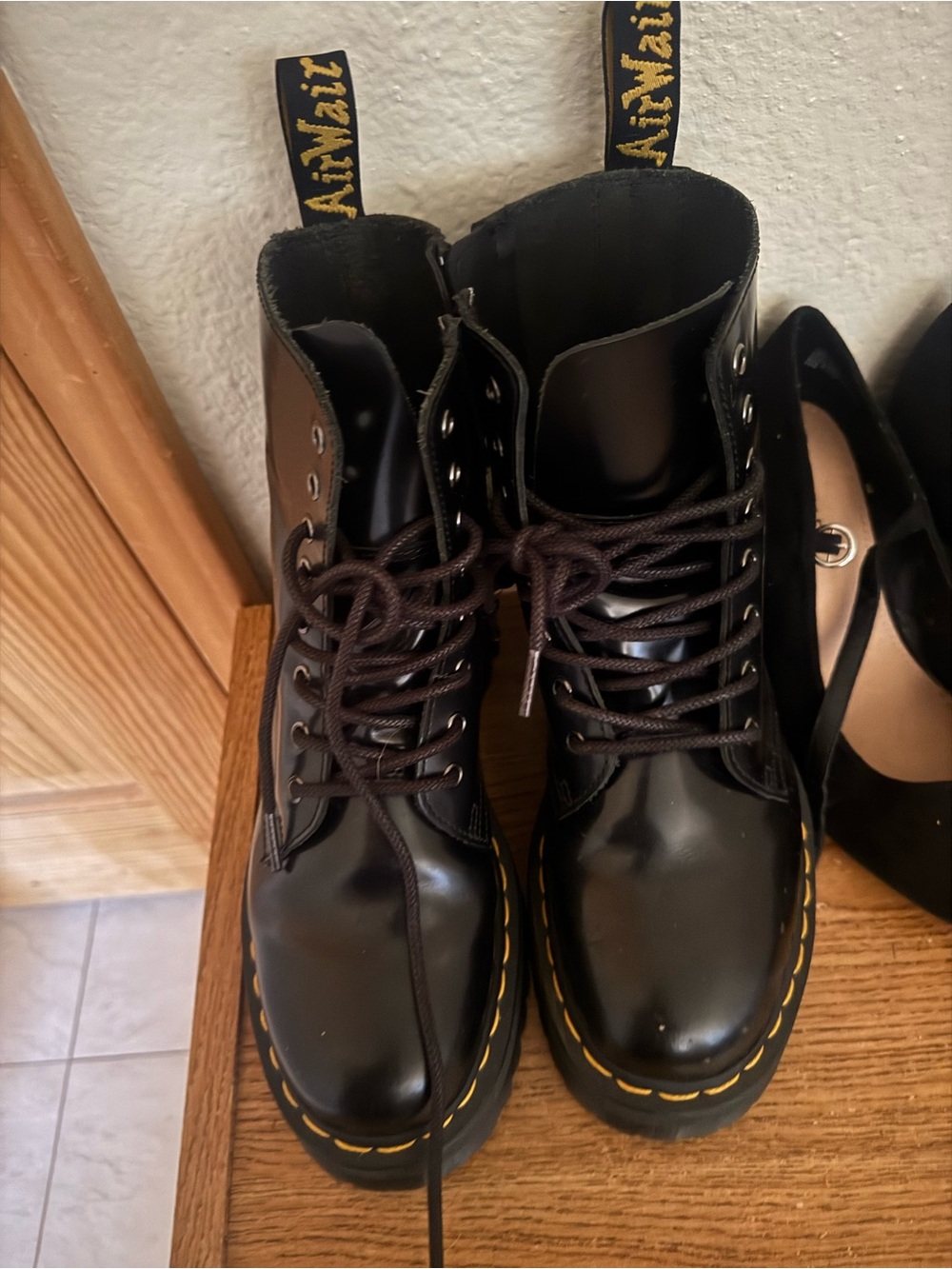 Black Leather Combat Boots with Yellow Stitching - Doc Martins